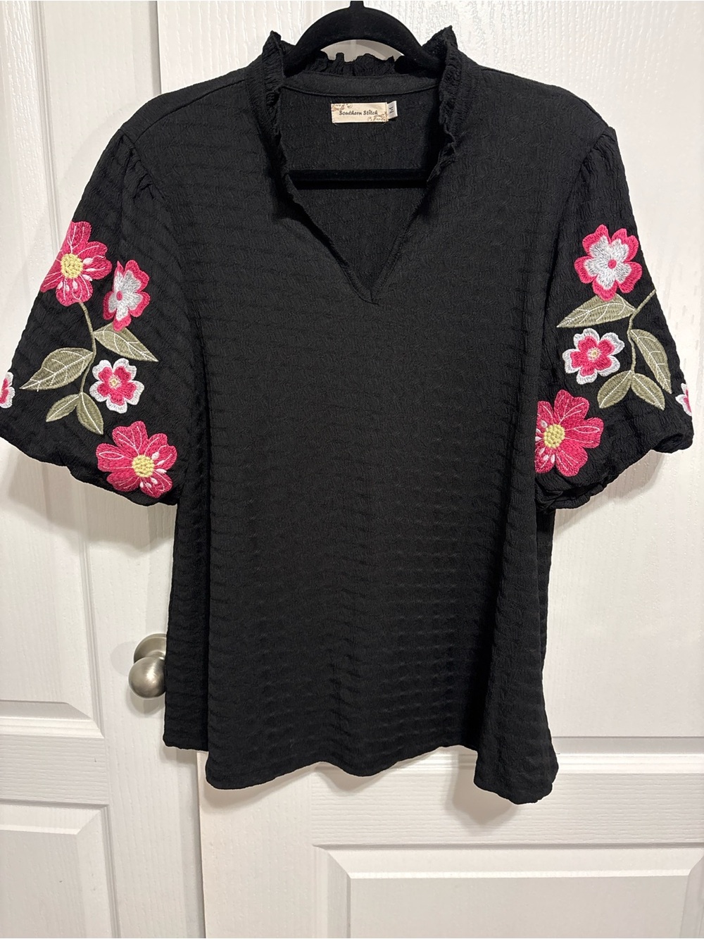 Black Puff-Sleeve Blouse with Pink Floral Embroidery